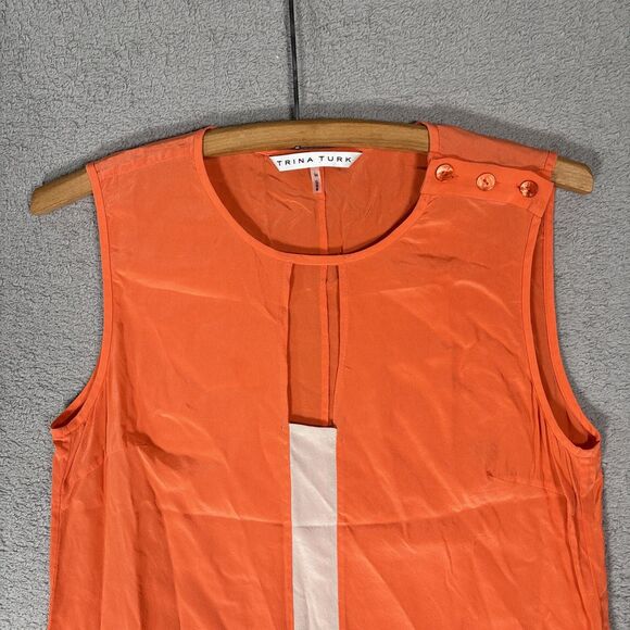 Trina Turk Size M Silk Tank Blouse Orange Cream Key Hole Resort Ditsy Retro Boho - Picture 2 of 14